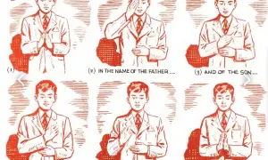 Ilustracja pokazuje sześć kroków, jak się przeżegnać: od złożenia rąk, przez dotykanie czoła, piersi, po złożenie rąk na amen.