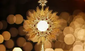 Złota monstrancja z hostią i cherubinami, otoczona promieniami. Symbolizuje pierwsze piątki miesiąca zasady.