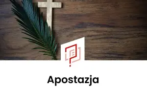 Złoty krzyż i gałązka palmy na drewnianym tle. Pod spodem napis "Apostazja", symbolizujący wolność wyboru i co daje apostazja.