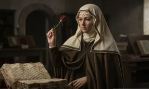 Kobieta w habicie trzyma czerwoną różę, obok leży stara księga. W jej oczach widać troskę, jakby to była modlitwa o dobre wyniki badań.