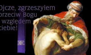 Obraz przedstawia powracającego syna marnotrawnego, który prosi ojca o przebaczenie. To przykład pokuty, co to znaczy, gdy żałujemy za grzechy.