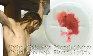Obraz przedstawia ukrzyżowanego Jezusa i opłatek z krwią, symbolizujące czym jest eucharystia: Jego Ciało i Krew.