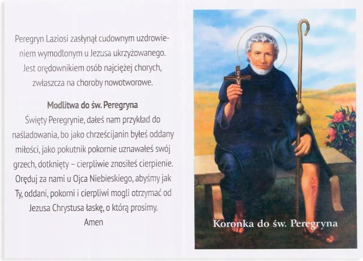 Święty Peregryn, patron chorych, z laską i krzyżem. Modlitwa do św. Peregryna.