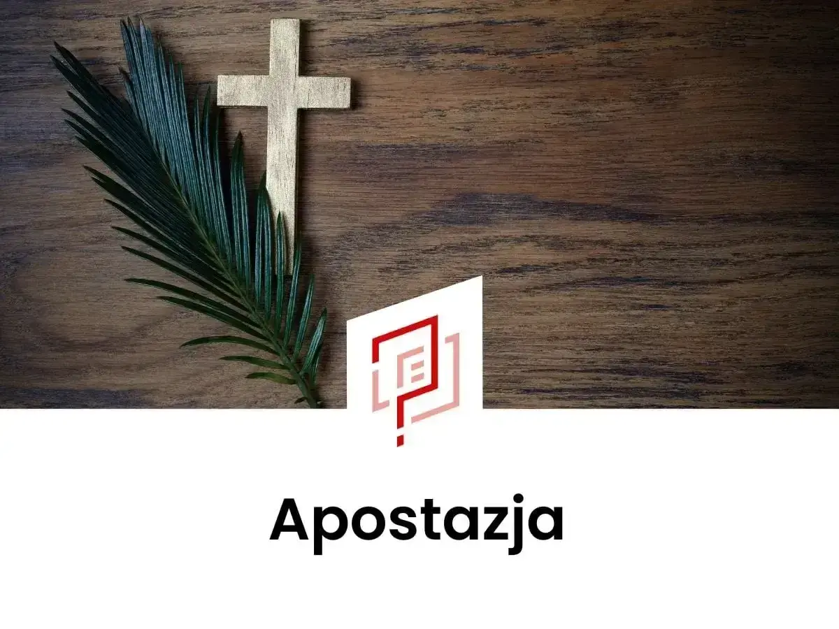 Złoty krzyż i gałązka palmy na drewnianym tle. Pod spodem napis "Apostazja", symbolizujący wolność wyboru i co daje apostazja.