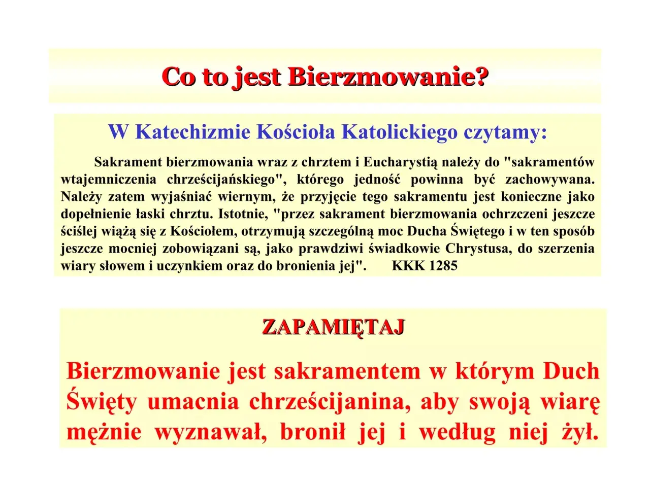 Bierzmowanie po angielsku to "Confirmation". Tekst wyjaśnia, że to sakrament umacniający wiarę.