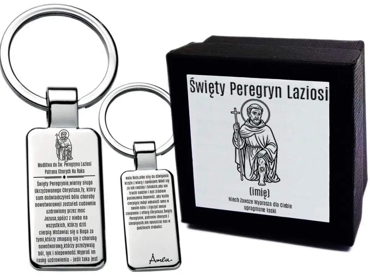 Breloki z wizerunkiem św. Peregryna Laziosiego, patrona chorych. Modlitwa do św. Peregryna Laziosiego na brelokach.