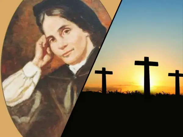 Wanda Malczewska, wizjonerka, której przepowiednie dla Polski niosą nadzieję i ostrzeżenie. Trzy krzyże na tle zachodzącego słońca symbolizują trudną drogę narodu.