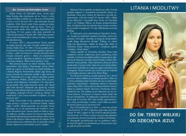 Litania do św. Teresy od Dzieciątka Jezus. Święta Teresa z Avila, zwana Małą Tereską, na obrazie trzyma krucyfiks i róże.